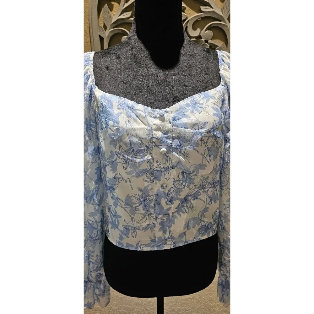 Unbranded Cottagecore Romantic Blue & White Floral S Puff Sleave Top - Picture 3 of 6